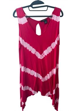 DKNY Jeans Red Tie Dye Chevron Tank Top Sharkbite Tunic Keyhole Back Size 1X